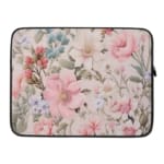 Laptop sleeve with a pastel floral design in pink, blue, and green on a white background, creating an elegant, gentle look. laptop sleeve kept on a plain white background