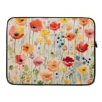 Colorful floral laptop sleeve with red, pink, yellow, and orange flowers on a light background. laptop sleeve kept on a plain white background