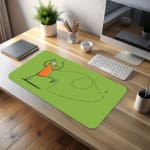 Playful cartoon character desk pad with light green background and minimalistic design featuring a cheerful character in an orange shirt. desk pad kept on the table