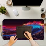 Infidu Desk Pad features a vibrant ocean wave design in shades of blue and purple, with a dark background and bright pink and orange sky. A writing pad on top of the desk pad