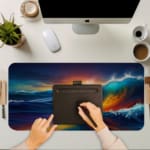 Infidu Vibrant Ocean Wave Design Desk Pad showcases colorful waves in deep blues, yellows, oranges, and purples for a lively look. A writing pad on top of the desk pad